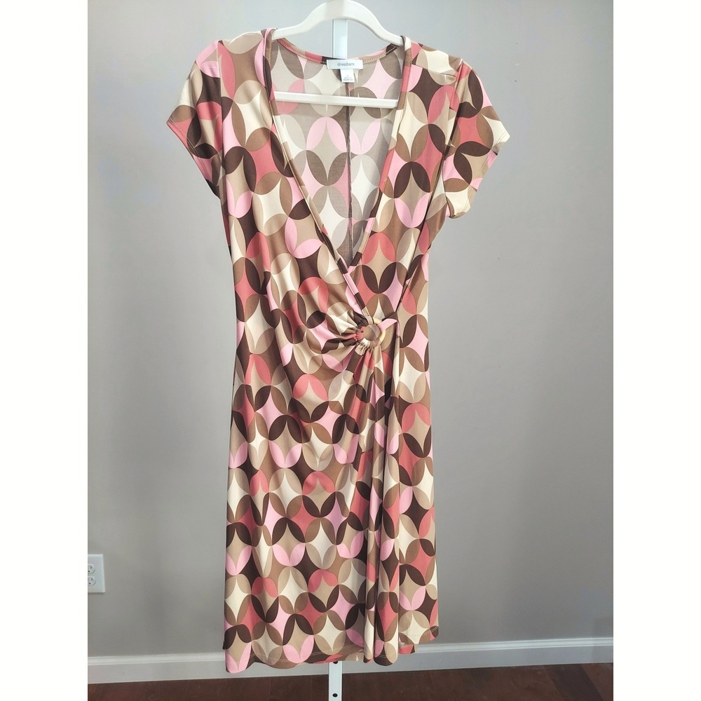 Dressbarn Women Pink Brown Geometric Petal Print Faux Wrap Ring Dress Size 10